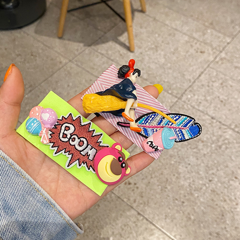 韩国东大门新款玫红小熊卡通刺绣布艺BB夹少女掰掰夹网红发饰发夹