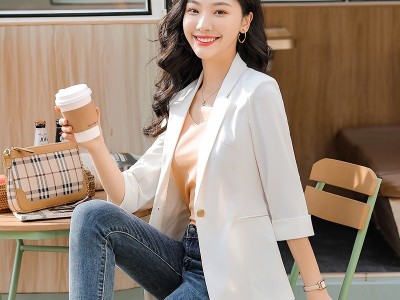 批发雪纺西装外套女2021新款薄款夏季七分袖休闲中长款小个子上衣图5